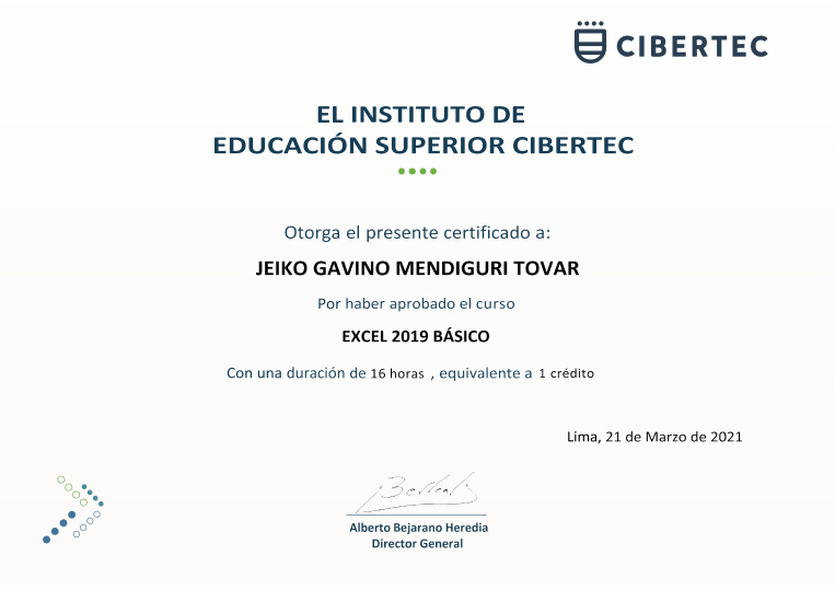 Certificado del curso Excel 2019 Básico emitido por Cibertec