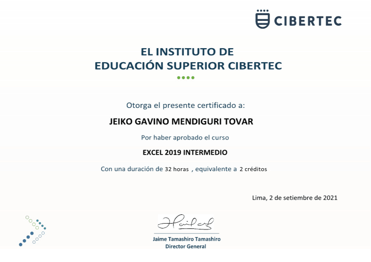 Certificado del curso Excel 2019 Intermedio emitido por Cibertec