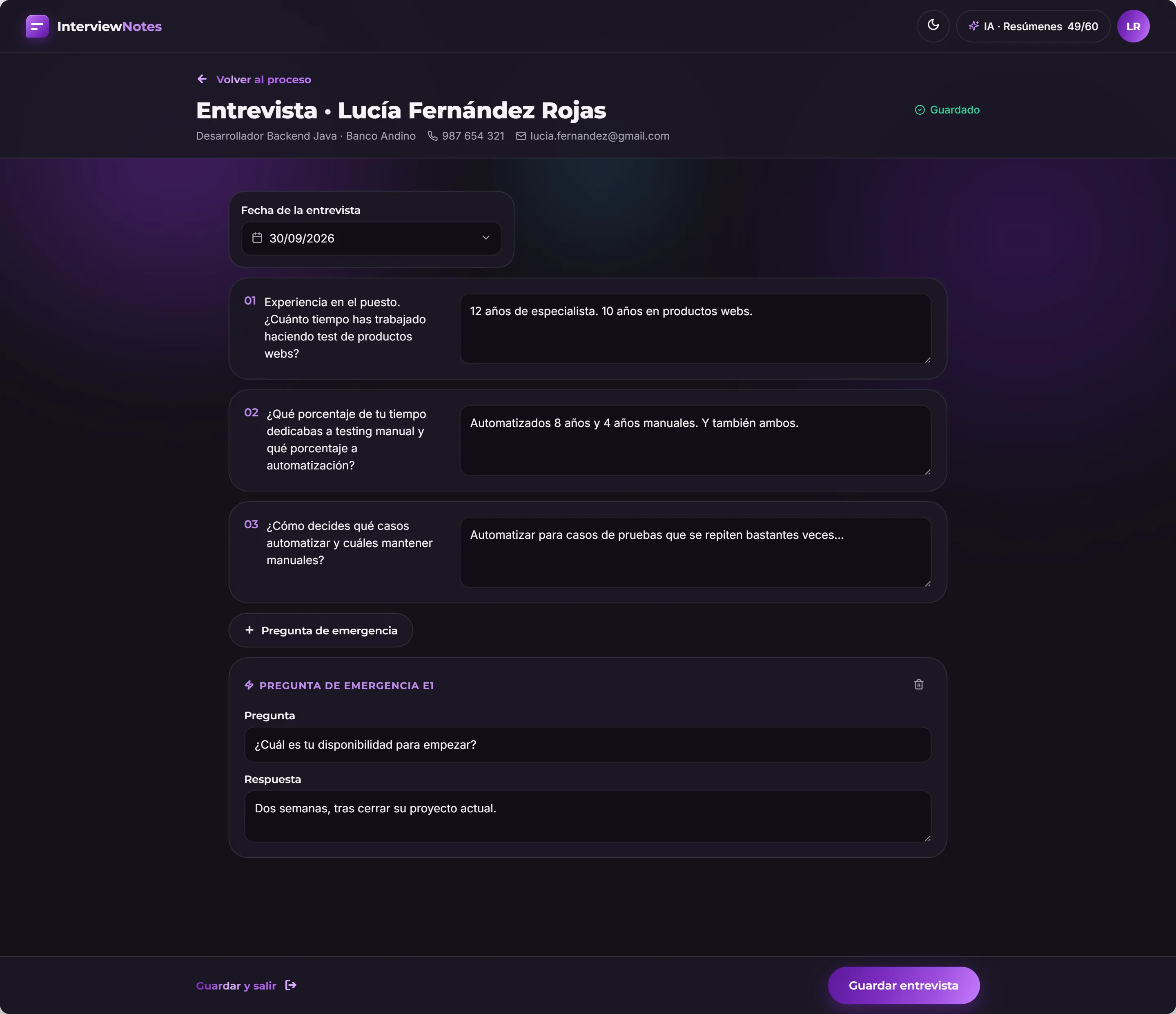 Pantallas de InterviewNotes: Entrevista