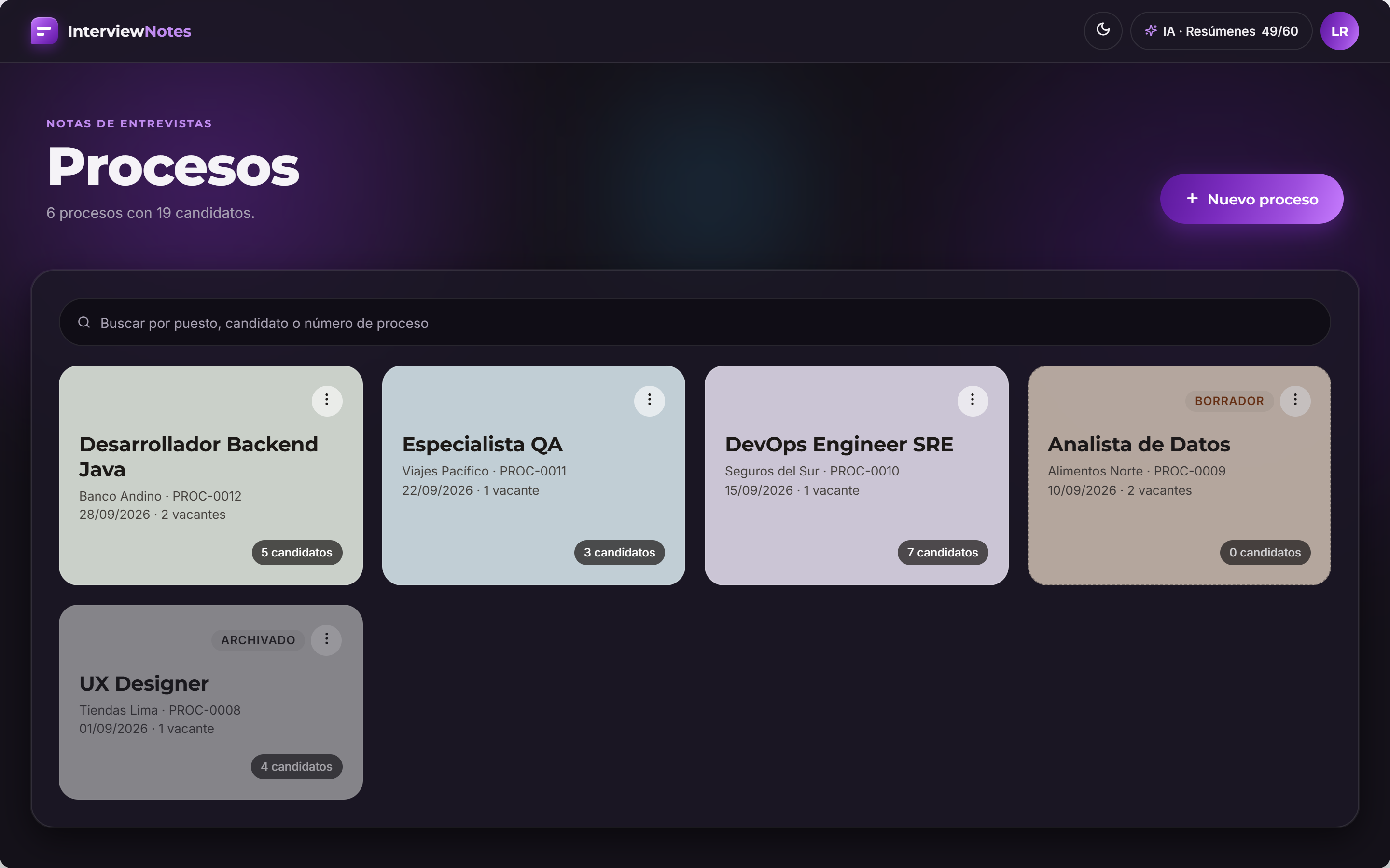 Portada de InterviewNotes: captura de la app con datos ficticios