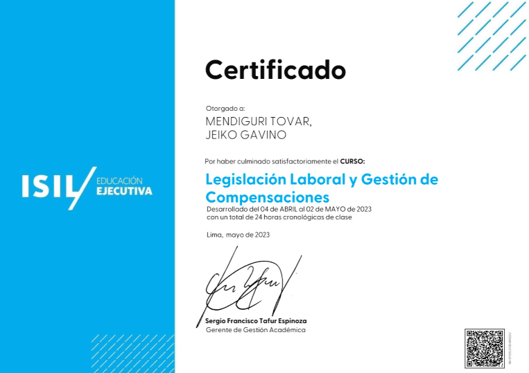 Certificado del curso Legislación Laboral y Gestión de Compensaciones emitido por ISIL