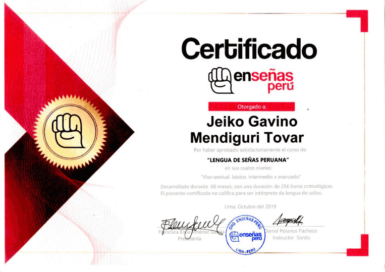 Certificado del curso Lengua de Señas Peruana emitido por Enseñas Perú