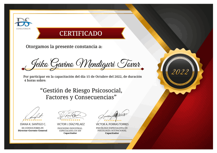 Certificado del curso Gestión de Riesgo Psicosocial, Factores y Consecuencias emitido por DS Consultores