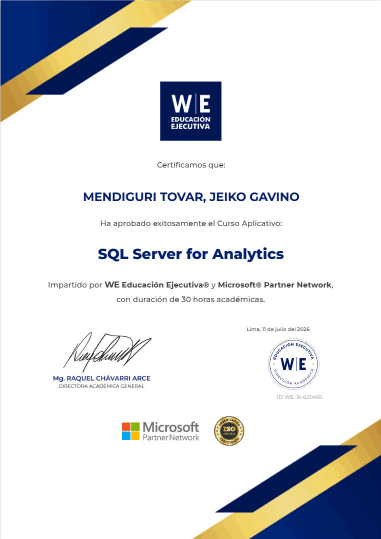 Certificado del curso SQL Server for Analytics emitido por WE Educación Ejecutiva
