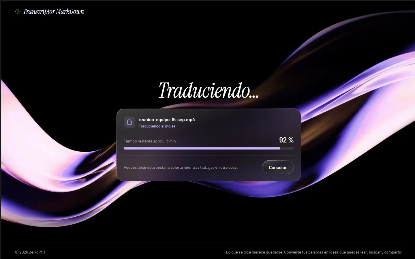 Pantallas de Transcriptor Markdown: Traducción en curso