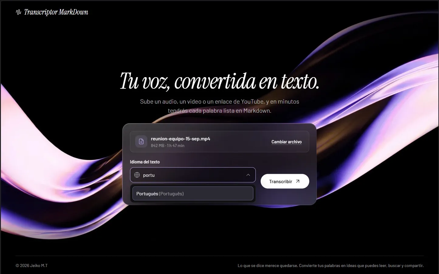 Pantallas de Transcriptor Markdown: Selector de idioma