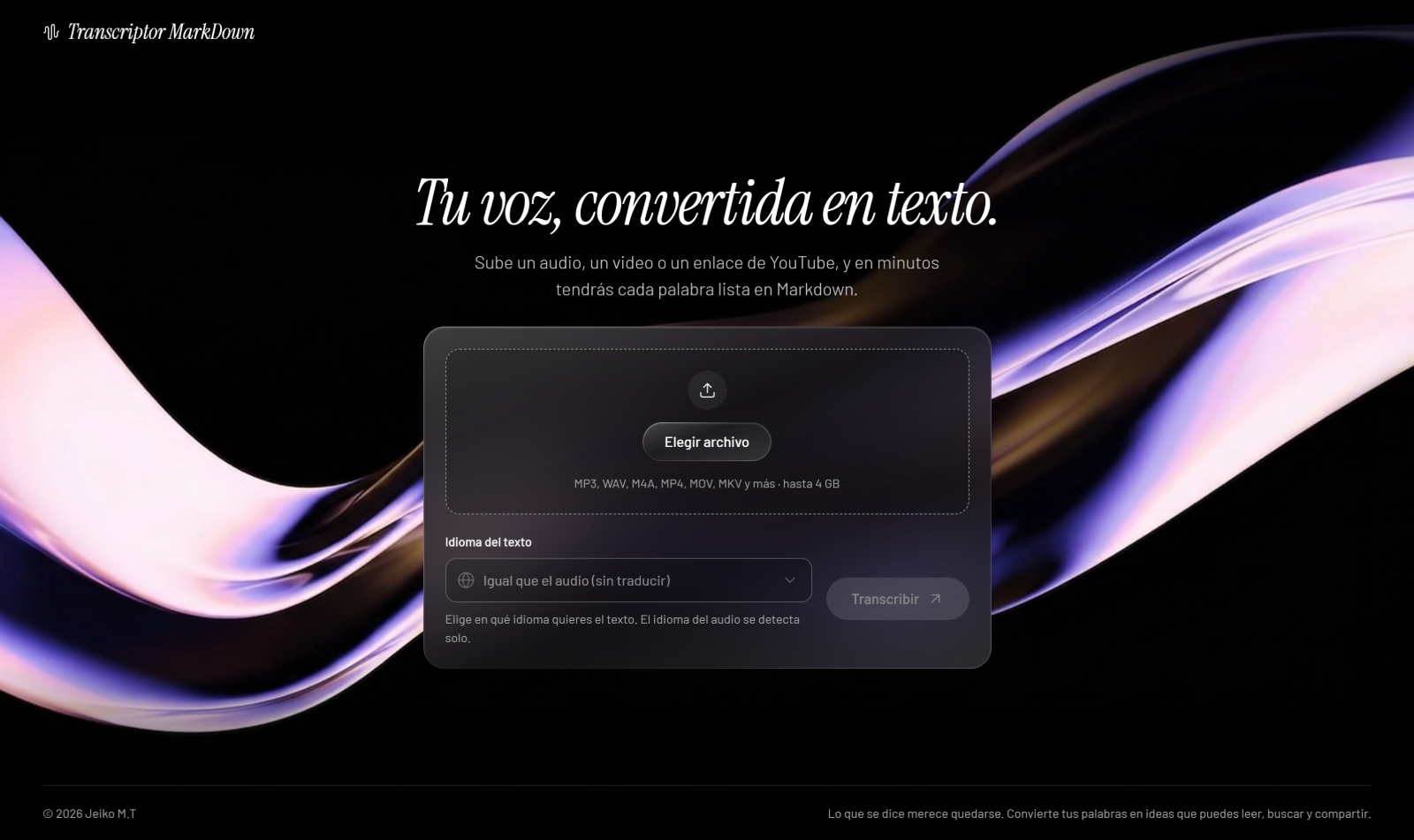 Portada de Transcriptor Markdown: captura de la app